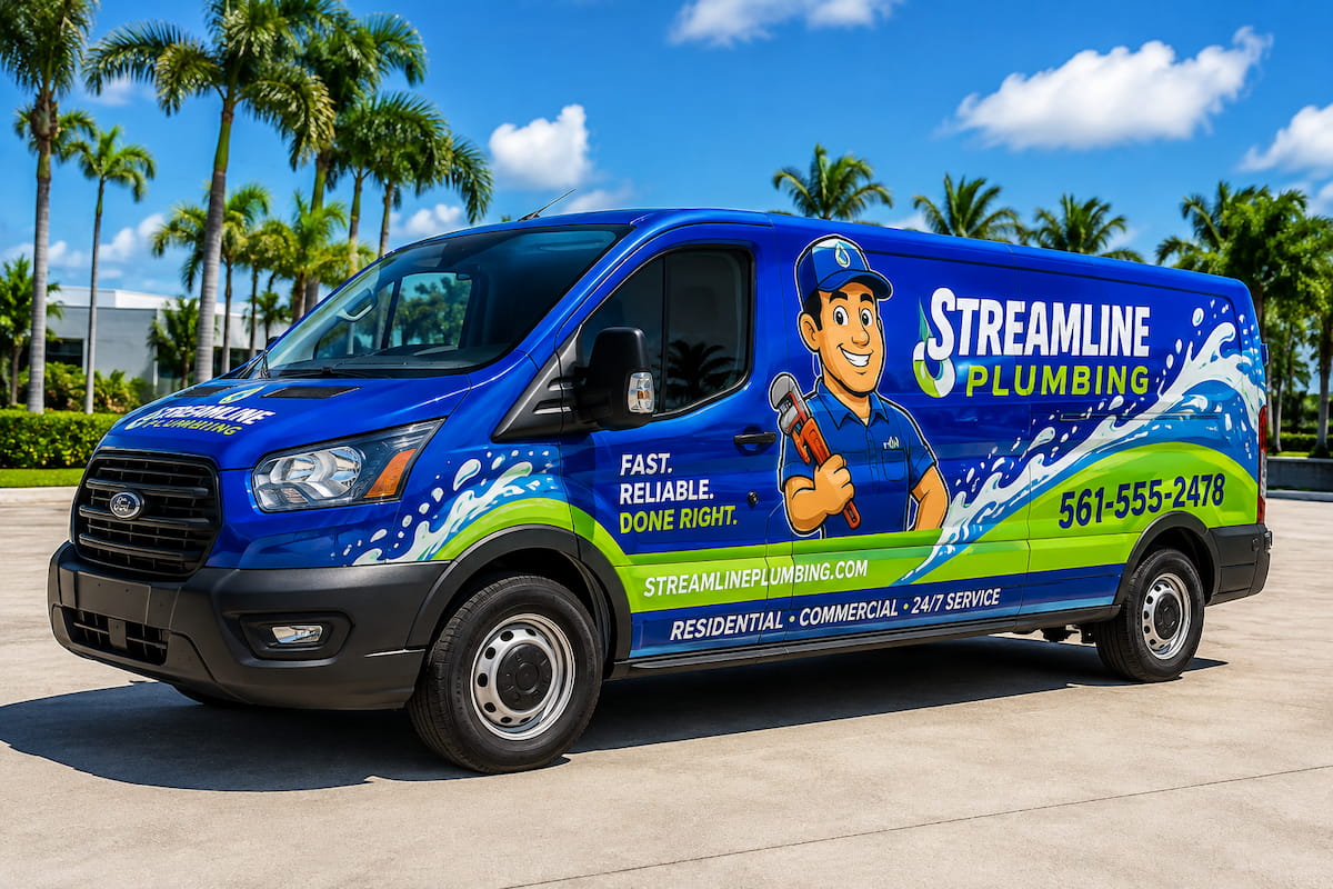Plumbing van wrap concept — full wrap in blue and green