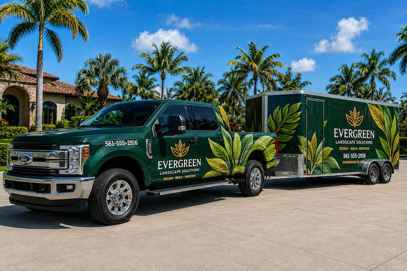 Landscaping truck and trailer wrap concept in forest green