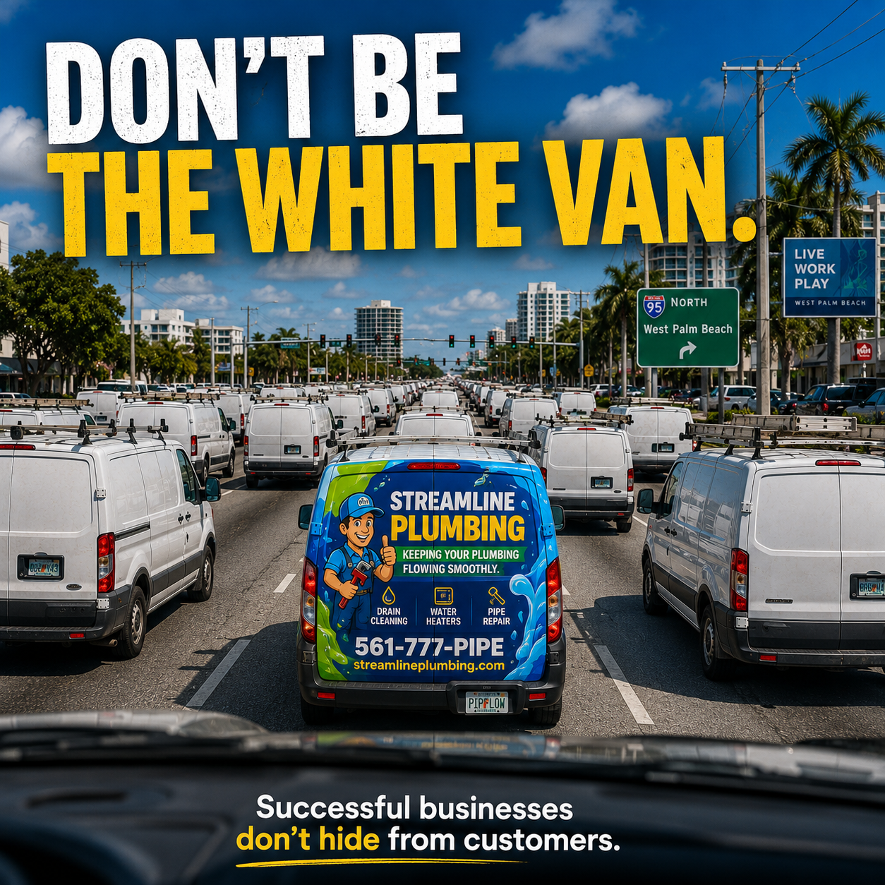 A single wrapped plumbing van standing out among dozens of plain white work vans in West Palm Beach traffic